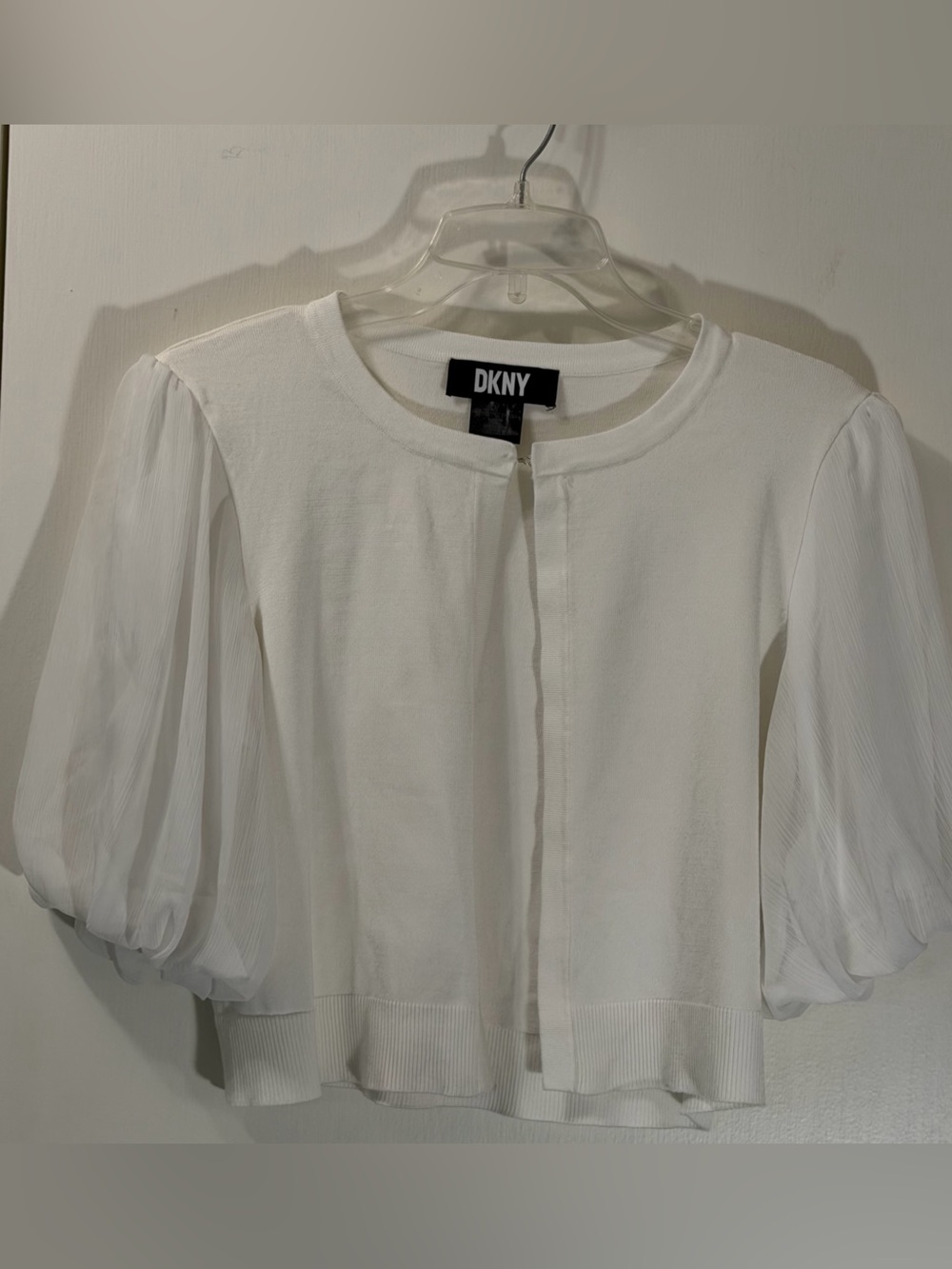 DKNY White Puff-Sleeve Knit Cardigan